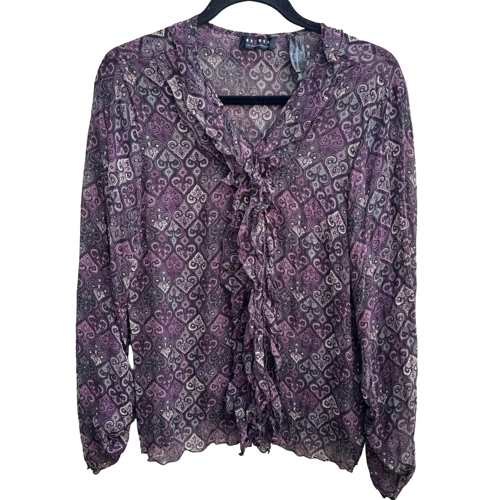 Axcess Liz Claiborne Y2K Whimsigoth Boho Sheer Purple Paisley Ruffle Blouse 12